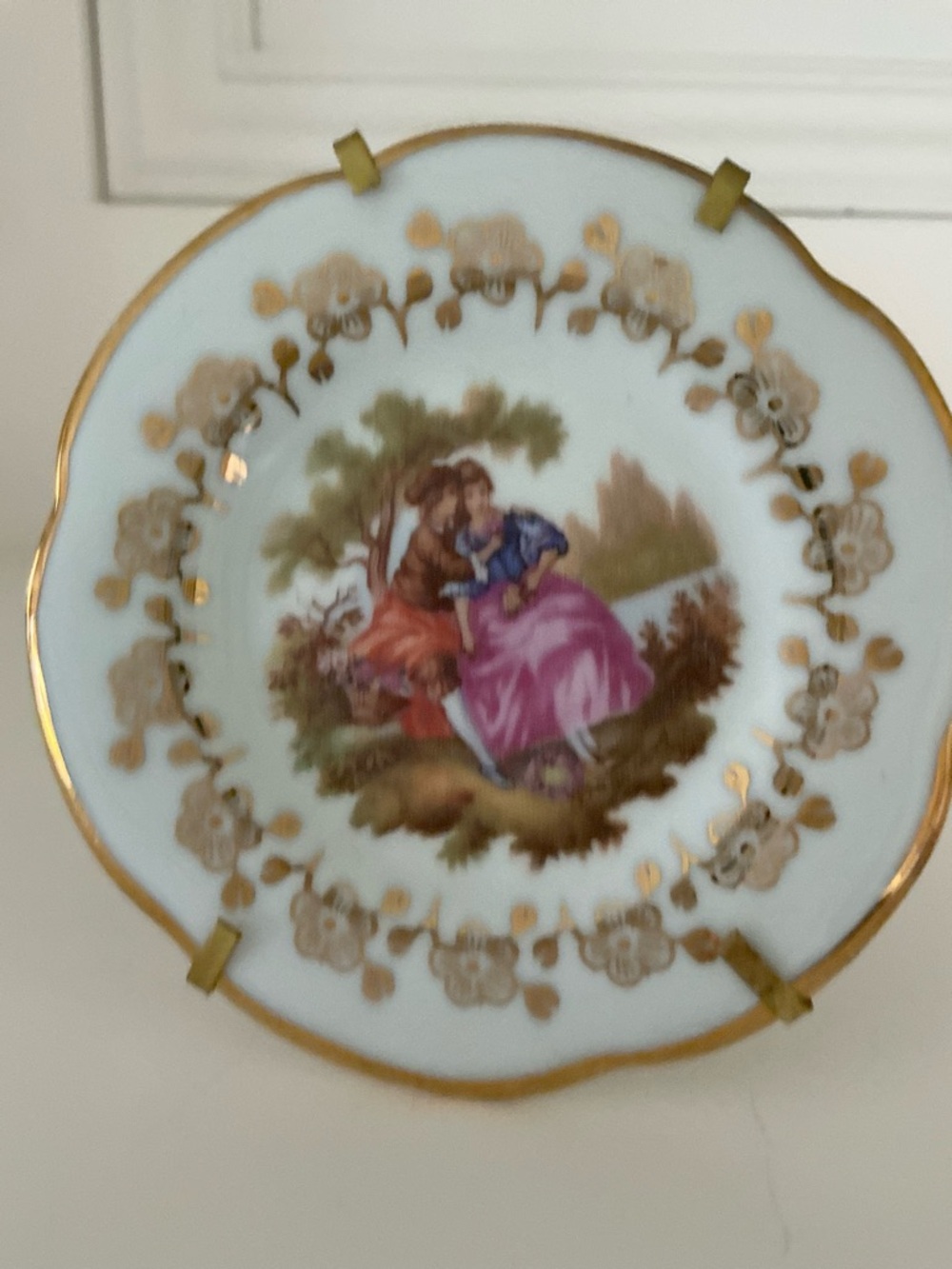 Decorative Limoges Miniature Porcelain Plate with Romantic Scene and Gold Trim